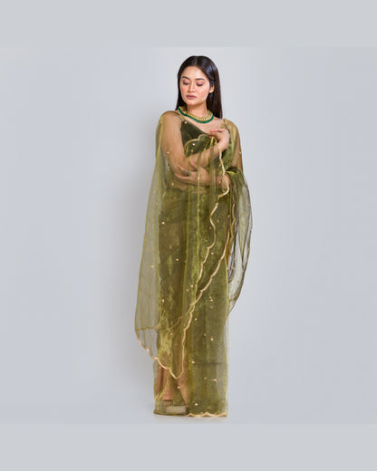 Military Green Glass Tissue Saree with Handembroidered Scalloping - kreationbykj