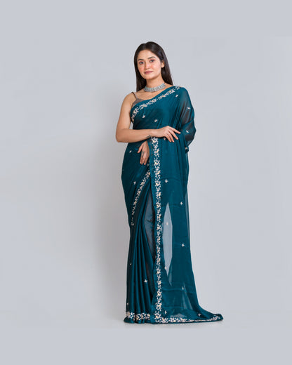 Peacock Blue Georgette Chandani Saree - kreationbykj