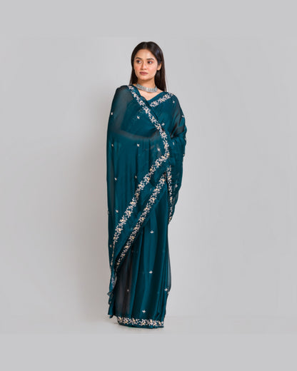 Peacock Blue Georgette Chandani Saree - kreationbykj