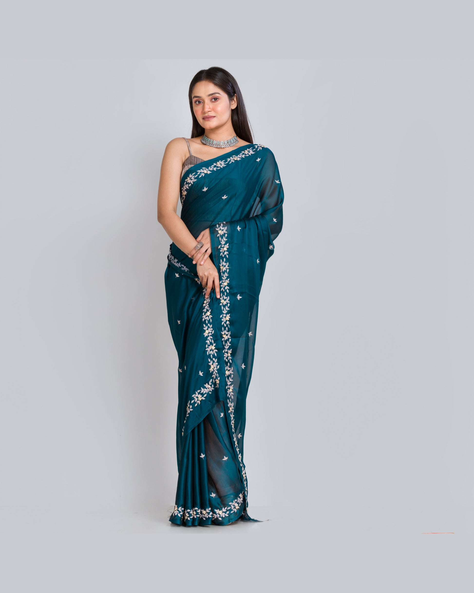 Peacock Blue Georgette Chandani Saree - kreationbykj