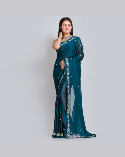 Peacock Blue Georgette Chandani Saree - kreationbykj