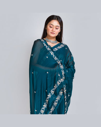 Peacock Blue Georgette Chandani Saree - kreationbykj