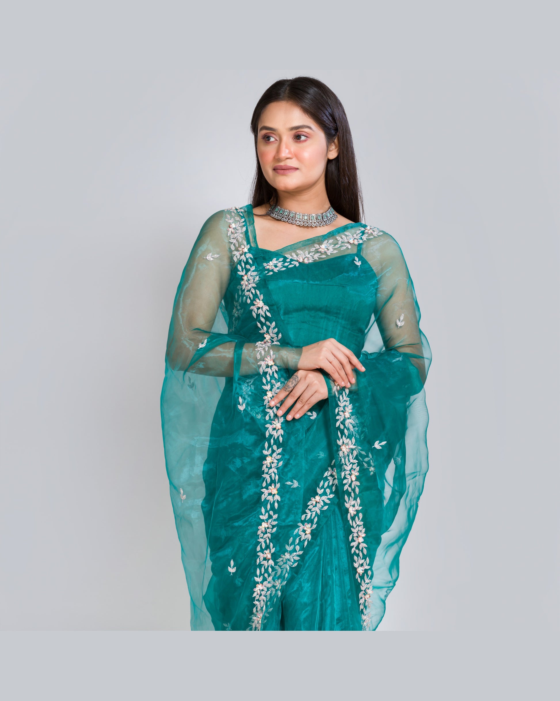 Teal Blue Chandani Saree - kreationbykj