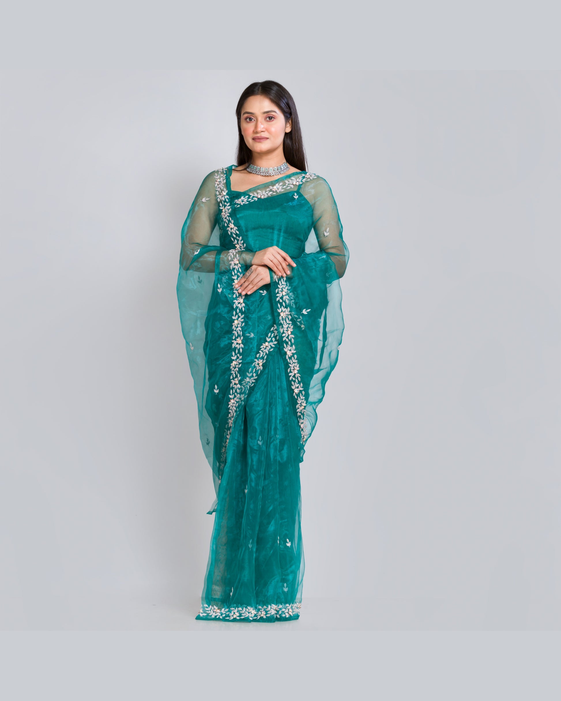 Teal Blue Chandani Saree - kreationbykj