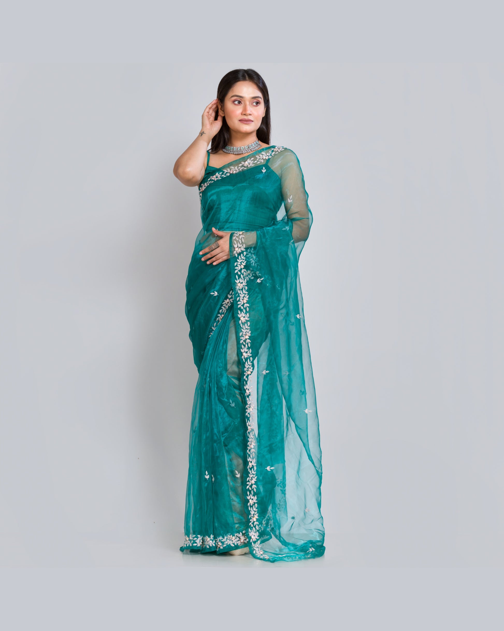 Teal Blue Chandani Saree - kreationbykj