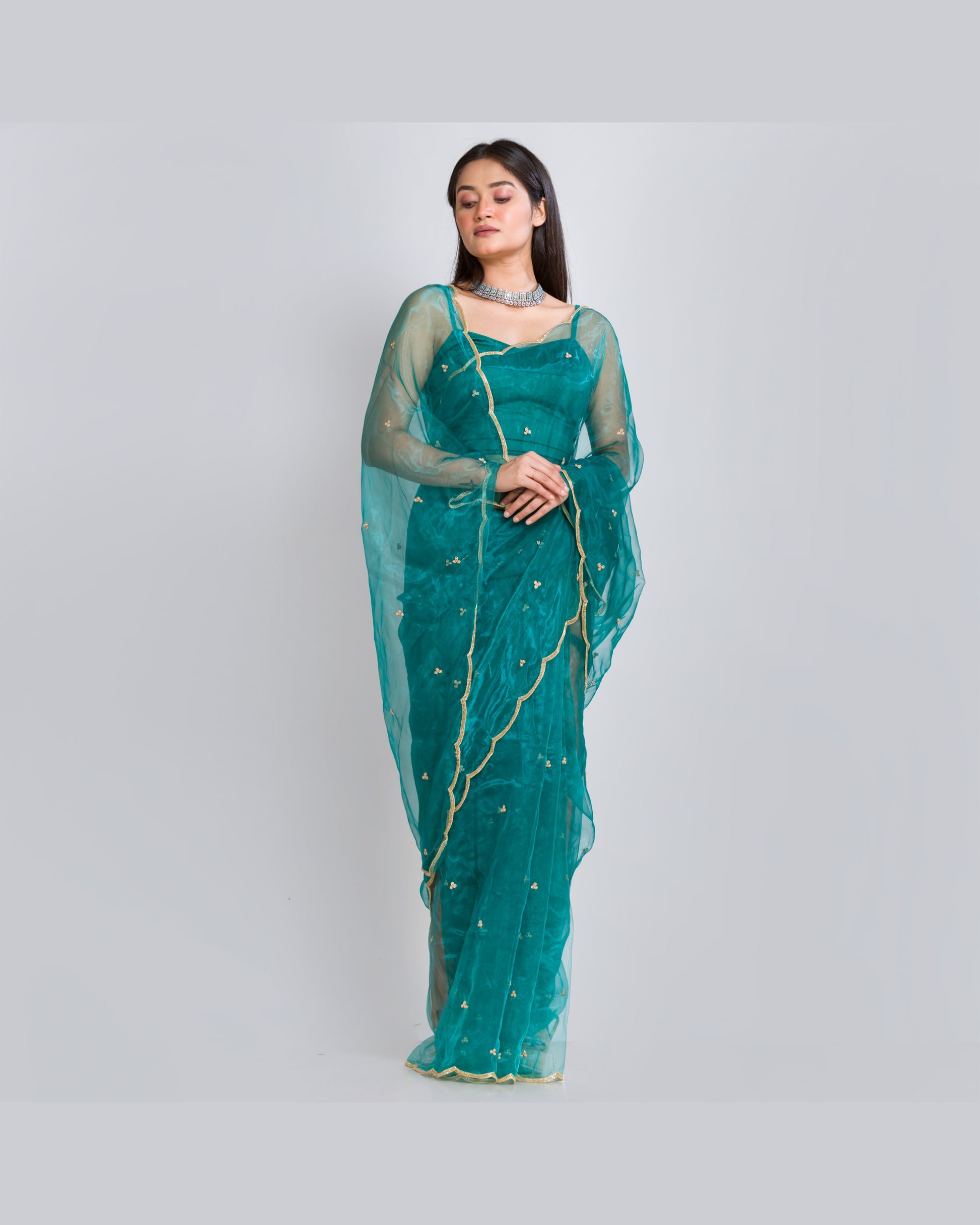 Teal Blue Glass Tissue Saree With Handembroidered Scalloping - kreationbykj