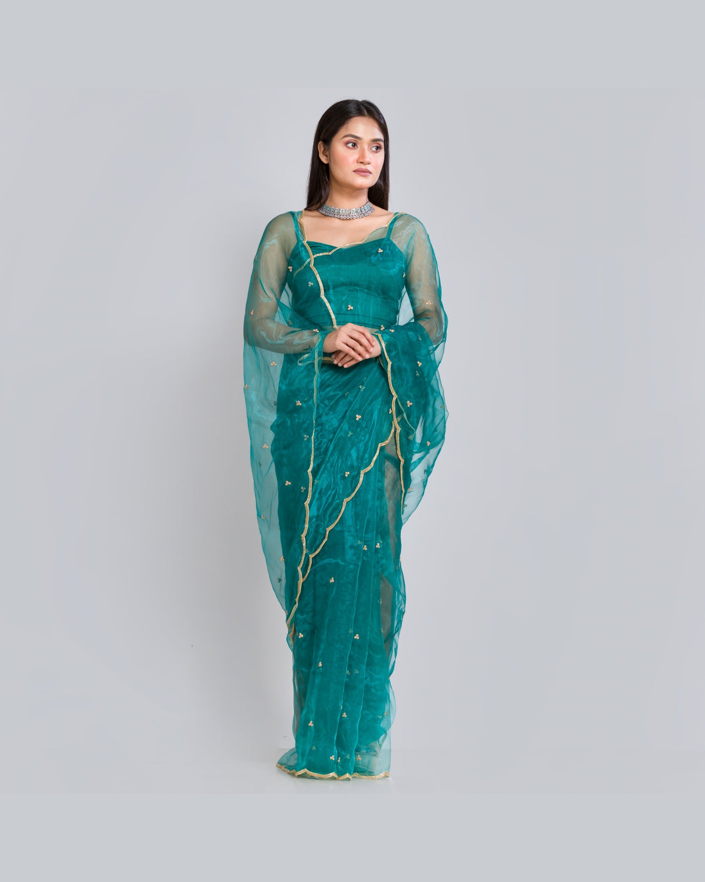 Teal Blue Glass Tissue Saree With Handembroidered Scalloping - kreationbykj