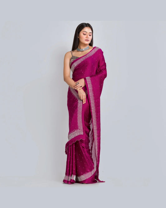 Wine Crepe Silk Sitara Saree - kreationbykj