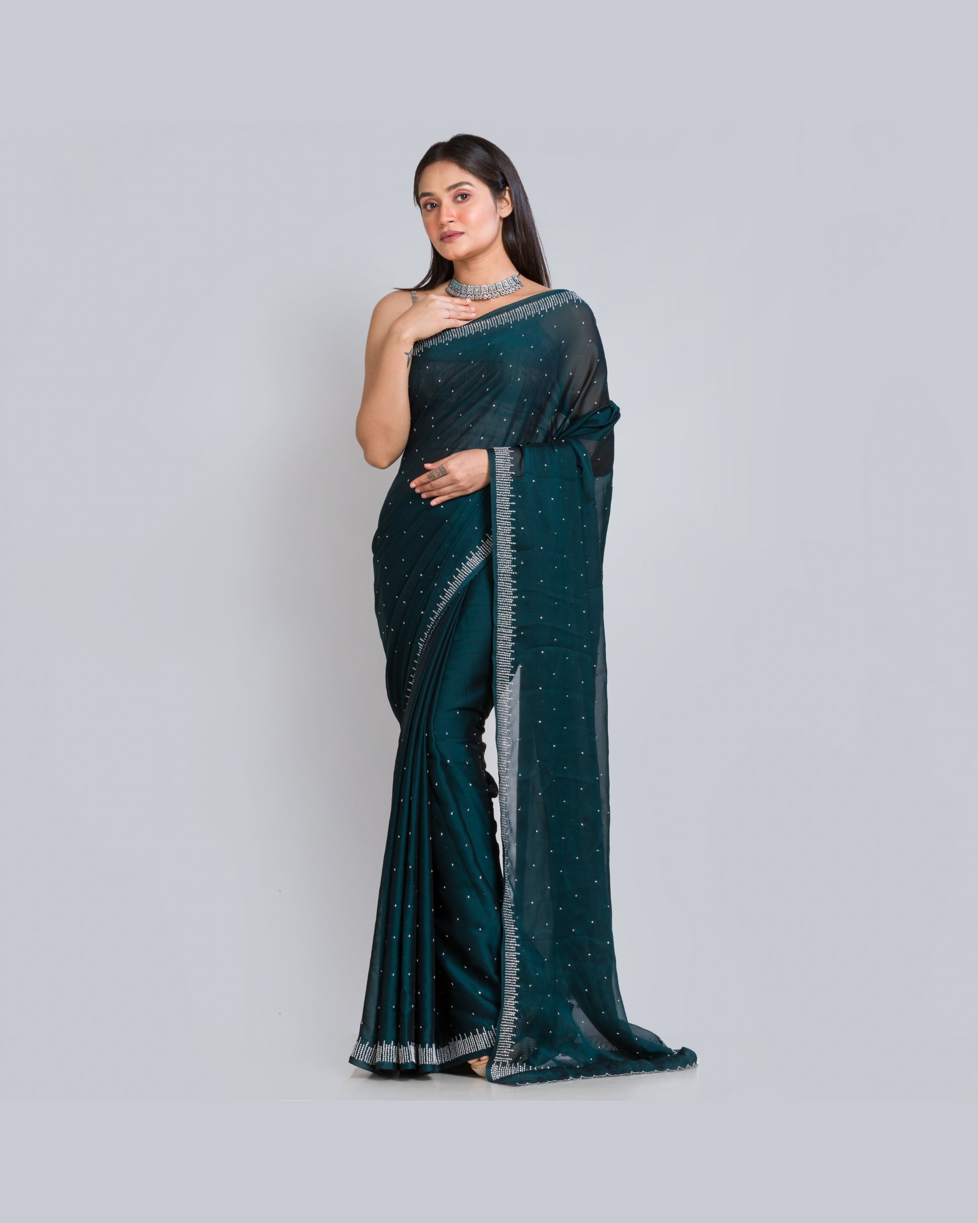 Midnight Blue Crepe Silk Sitara Saree - kreationbykj