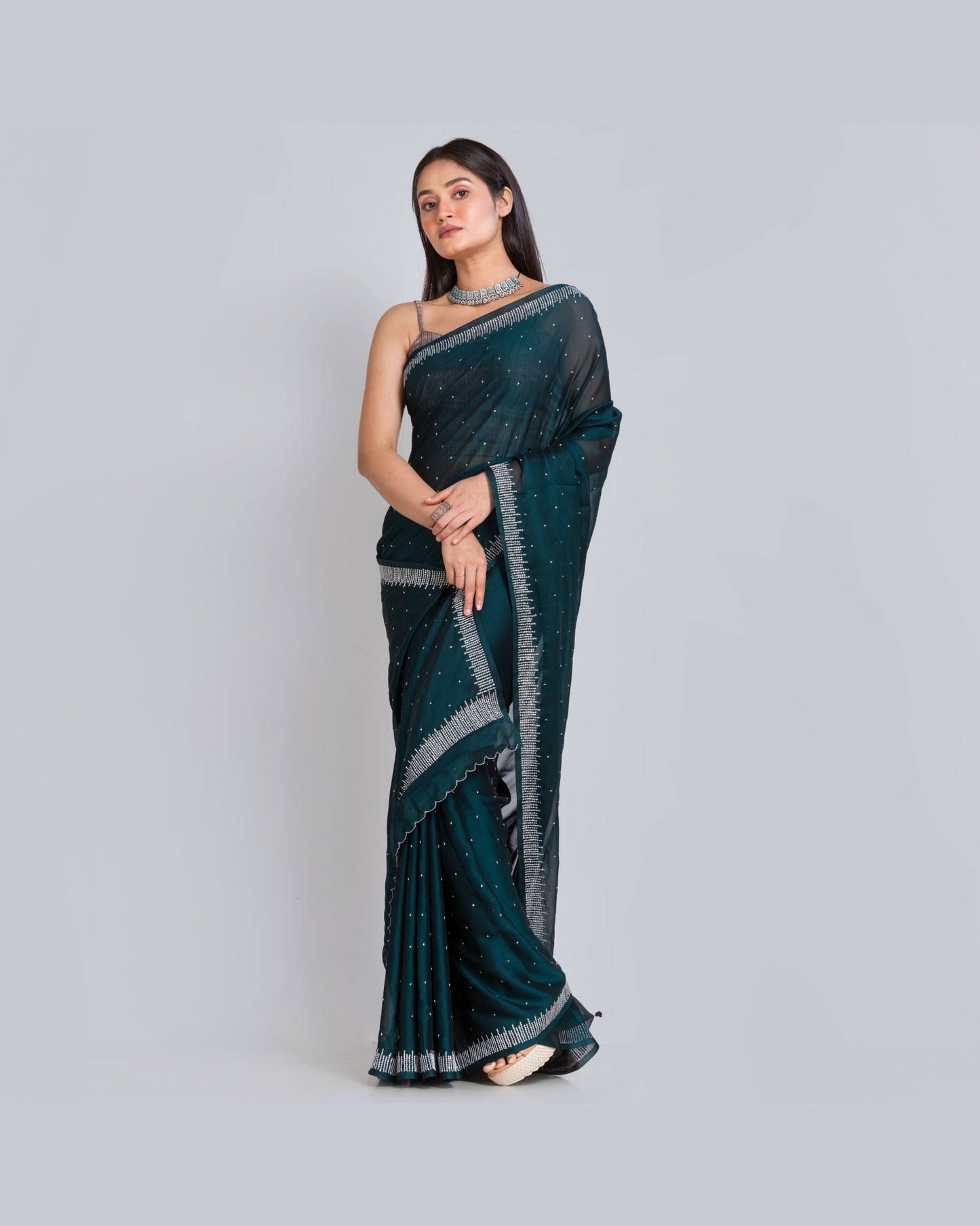 Midnight Blue Crepe Silk Sitara Saree - kreationbykj