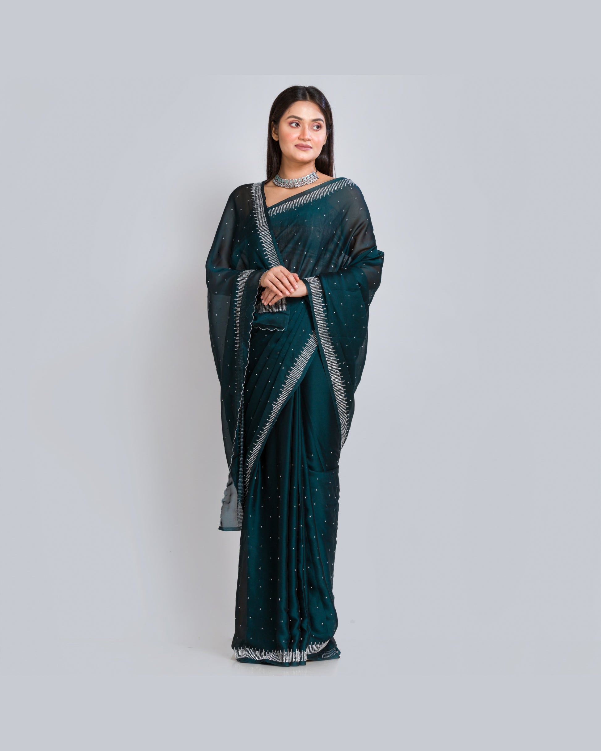 Midnight Blue Crepe Silk Sitara Saree - kreationbykj