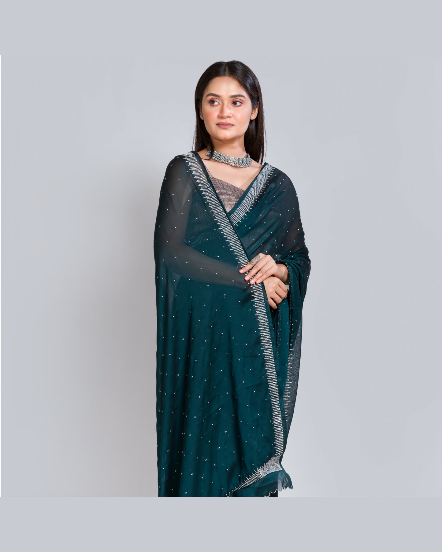 Midnight Blue Crepe Silk Sitara Saree - kreationbykj