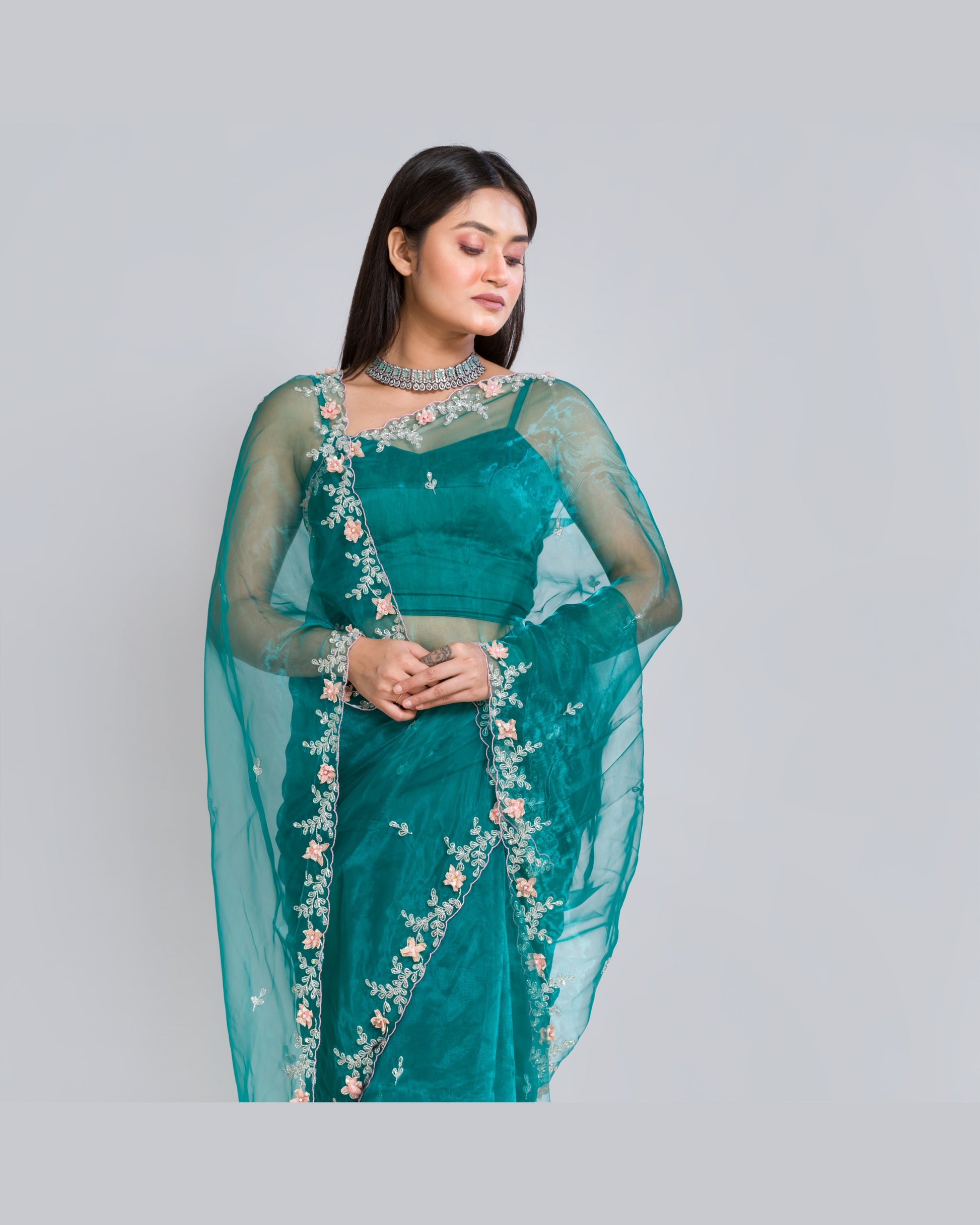 Teal Blue Floral Applique Glass Tissue Saree - kreationbykj