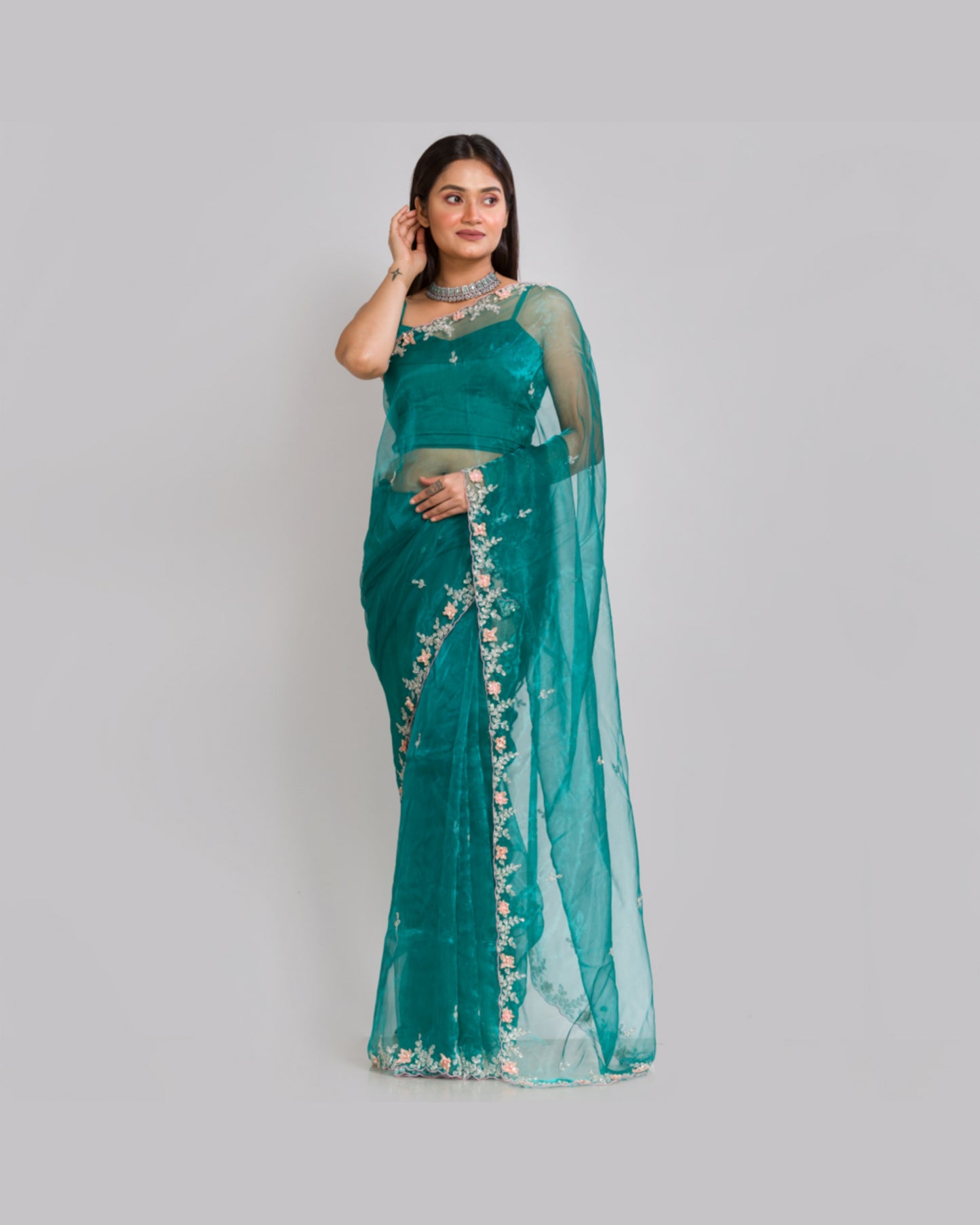 Teal Blue Floral Applique Glass Tissue Saree - kreationbykj