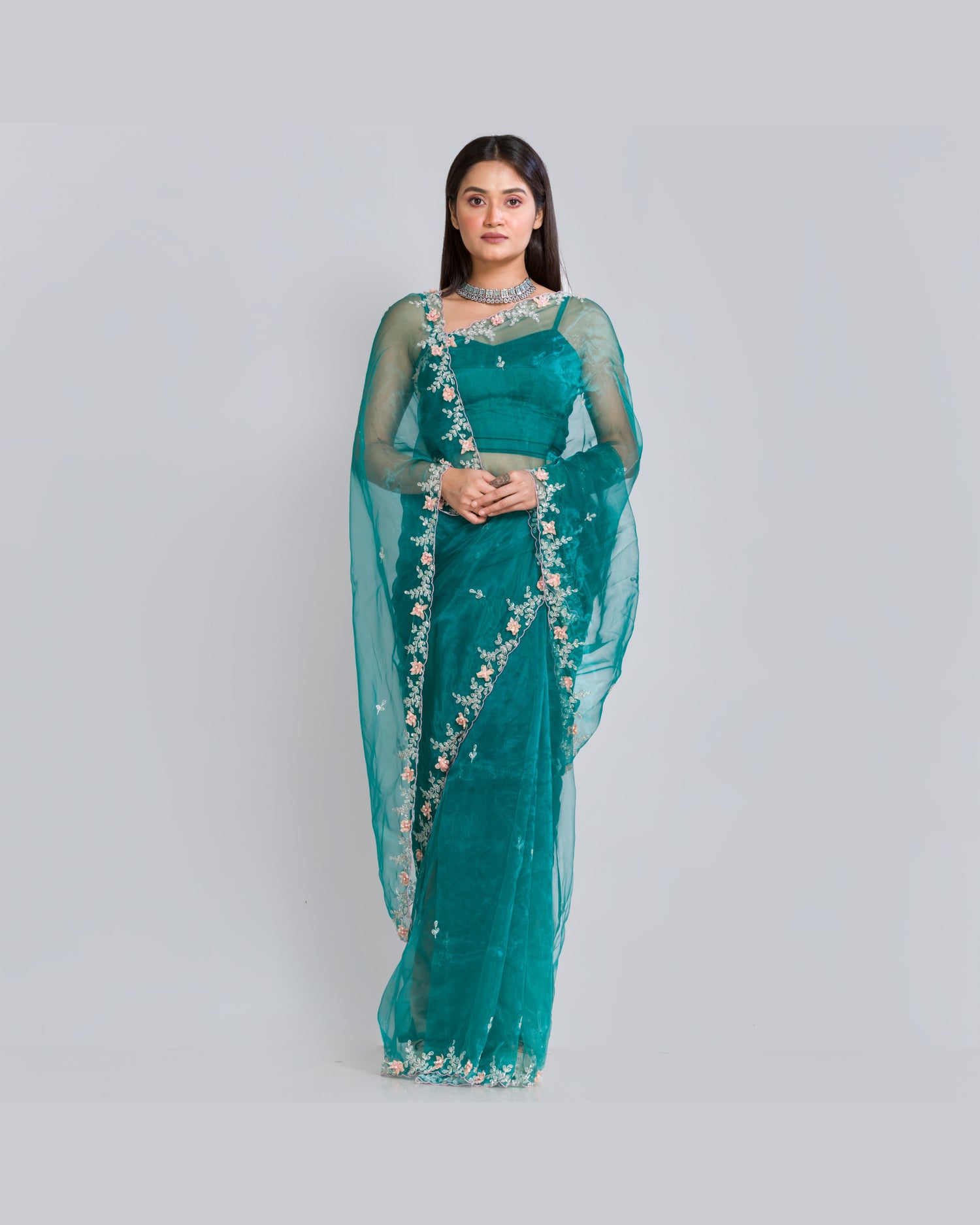 Teal Blue Floral Applique Glass Tissue Saree - kreationbykj