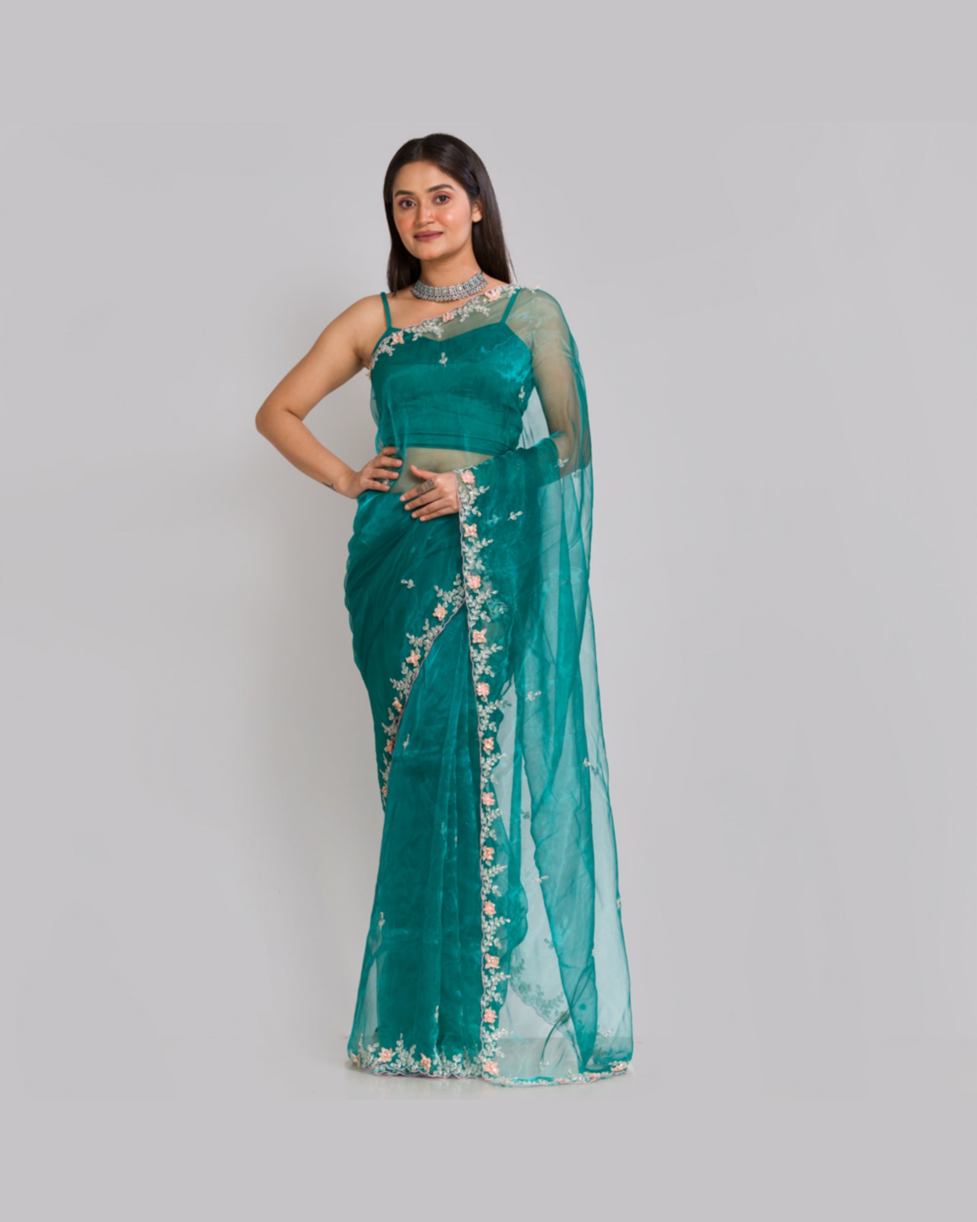 Teal Blue Floral Applique Glass Tissue Saree - kreationbykj