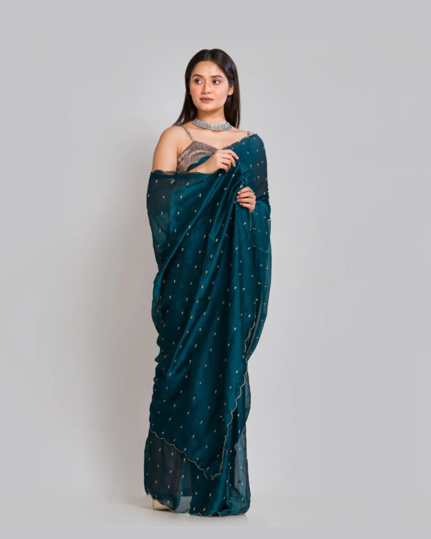 Peacock Blue Georgette Silk Saree With Zardosi Dabka Motifs - kreationbykj