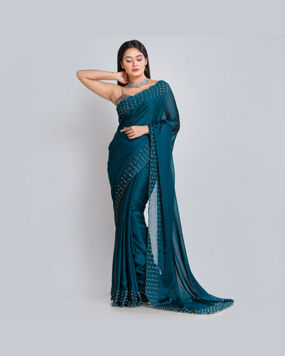 Teal Blue Georgette Silk Saree With Handembroidered Dabka Motifs On Border - kreationbykj