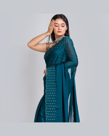 Teal Blue Georgette Silk Saree With Handembroidered Dabka Motifs On Border - kreationbykj