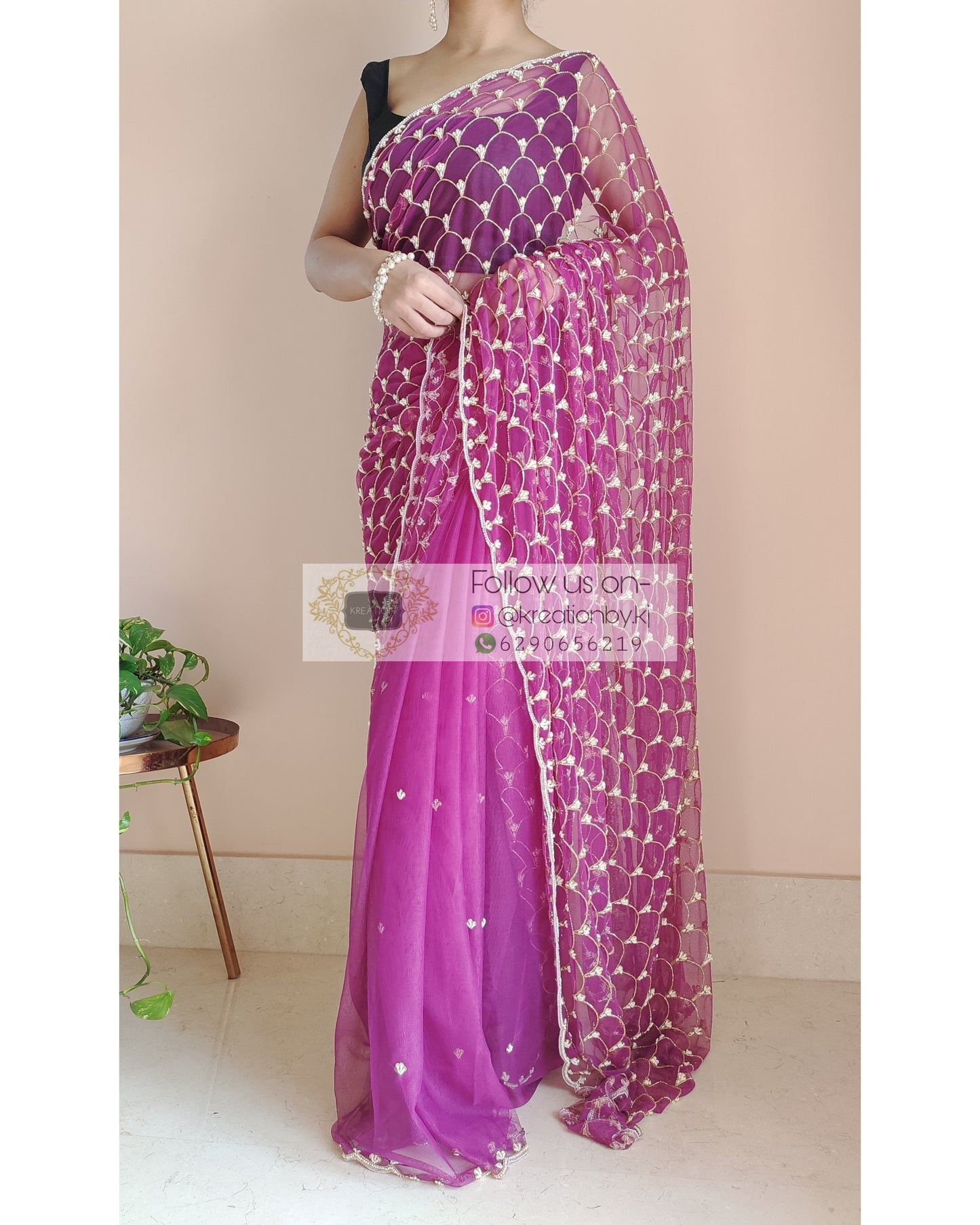 Purple Mehraab Cutdana Jaal Saree - kreationbykj