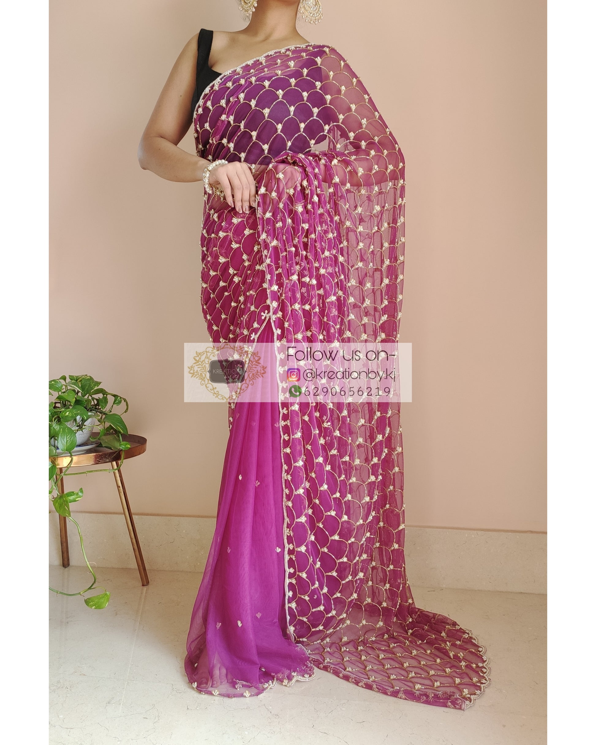 Purple Mehraab Cutdana Jaal Saree - kreationbykj