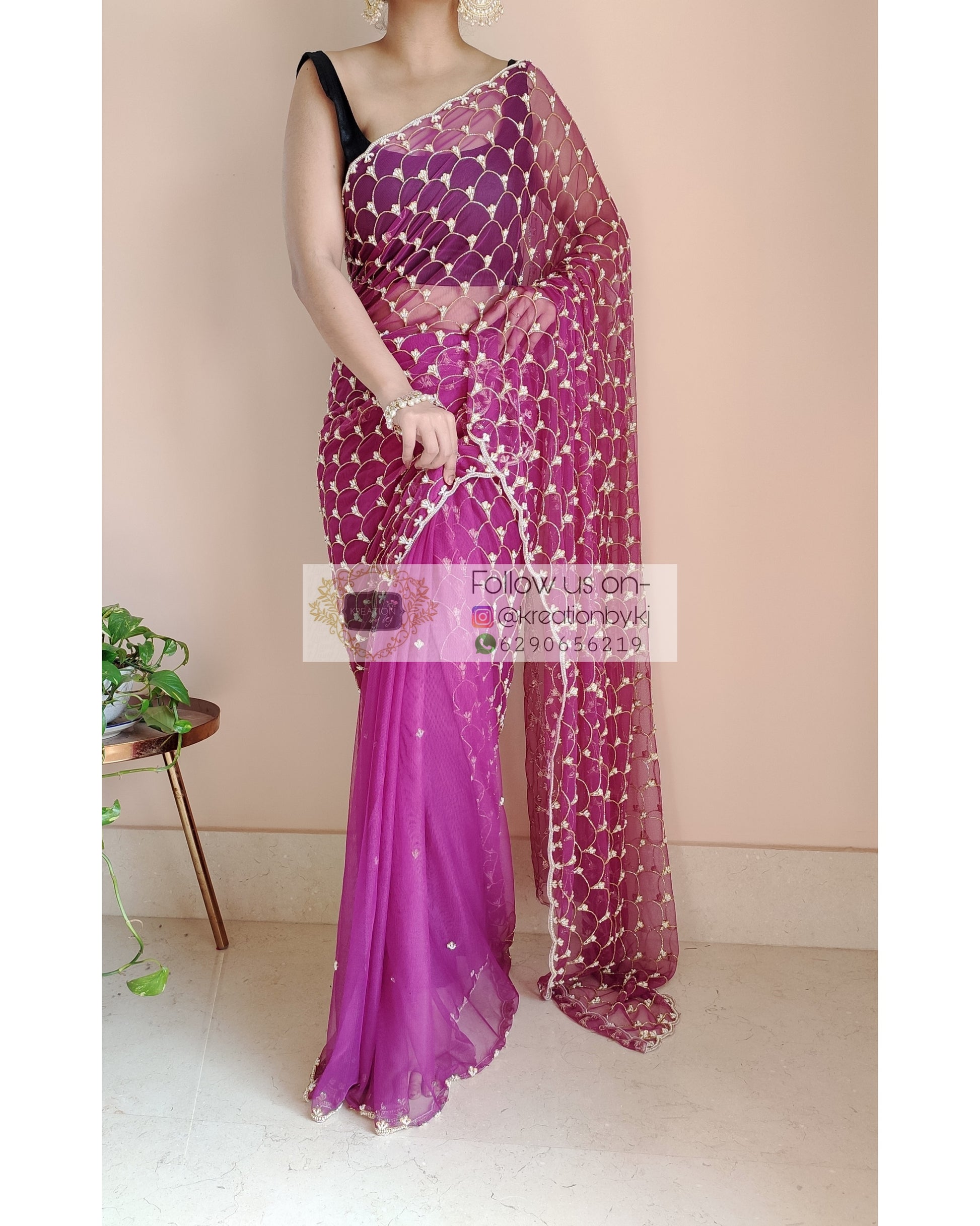 Purple Mehraab Cutdana Jaal Saree - kreationbykj