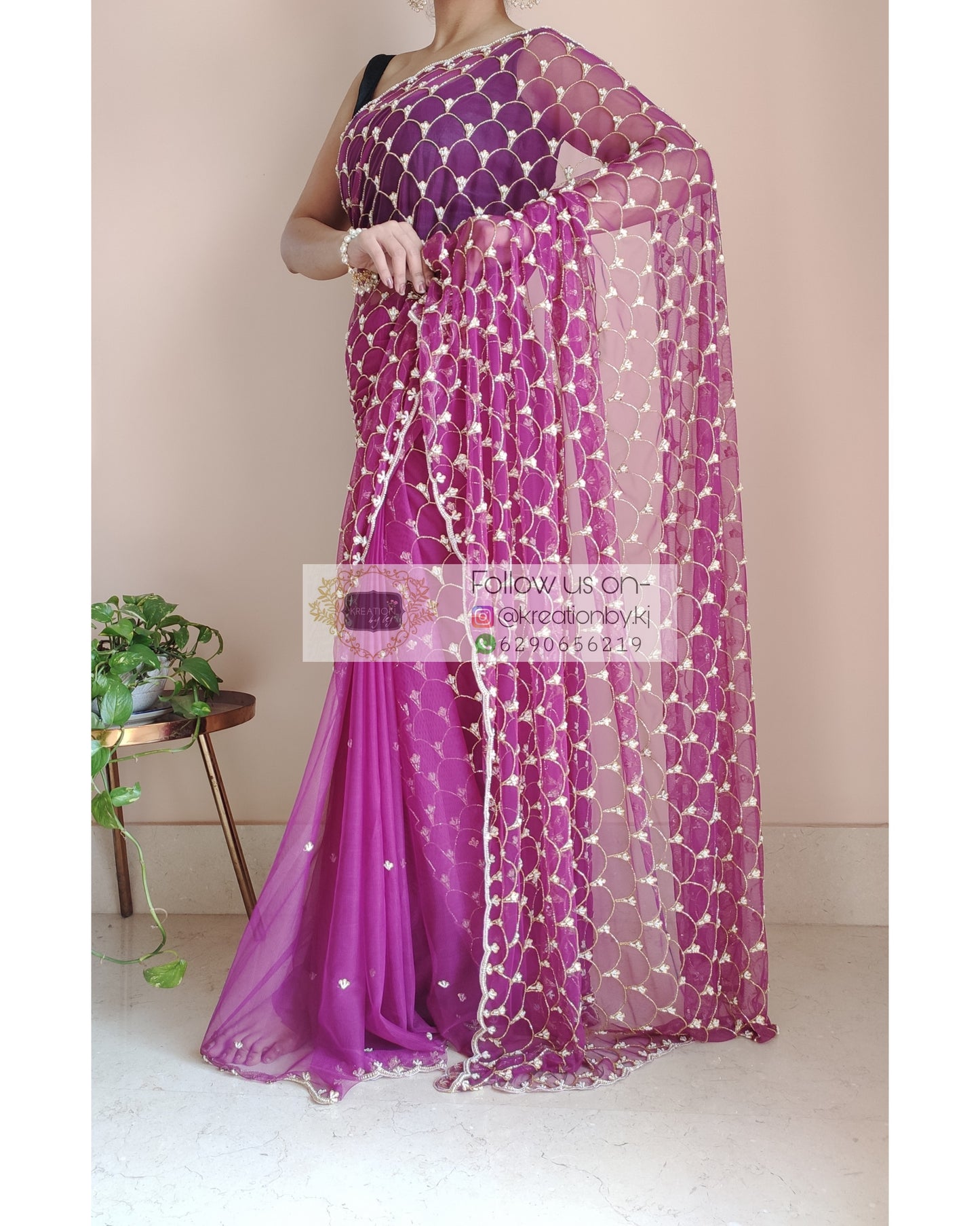 Purple Mehraab Cutdana Jaal Saree - kreationbykj