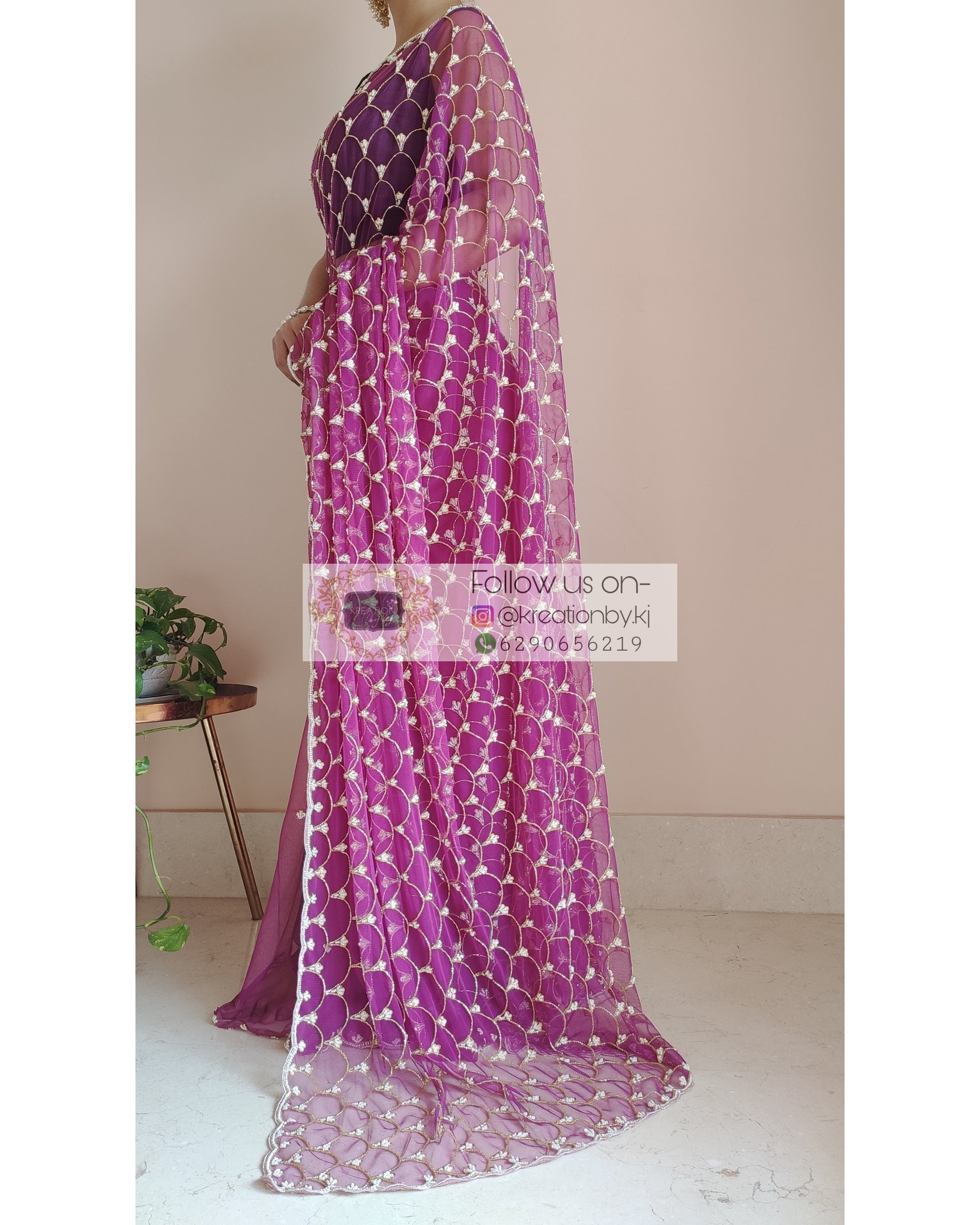 Purple Mehraab Cutdana Jaal Saree - kreationbykj