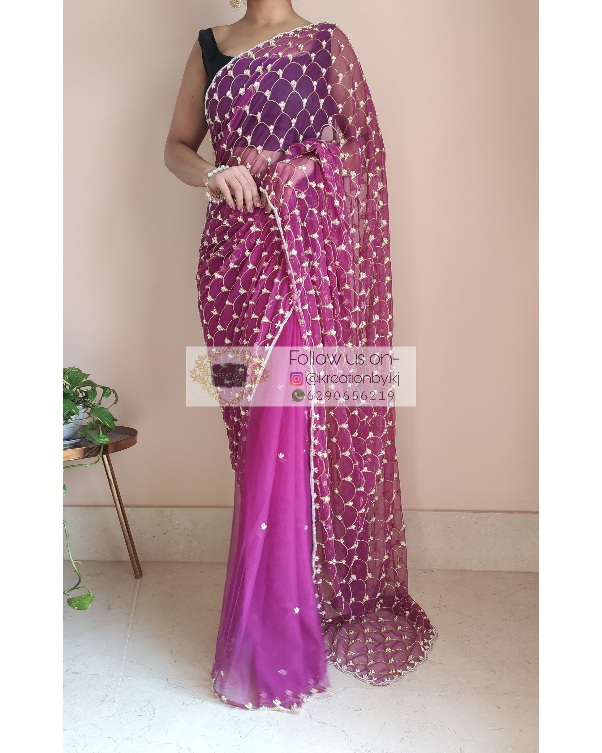 Purple Mehraab Cutdana Jaal Saree - kreationbykj