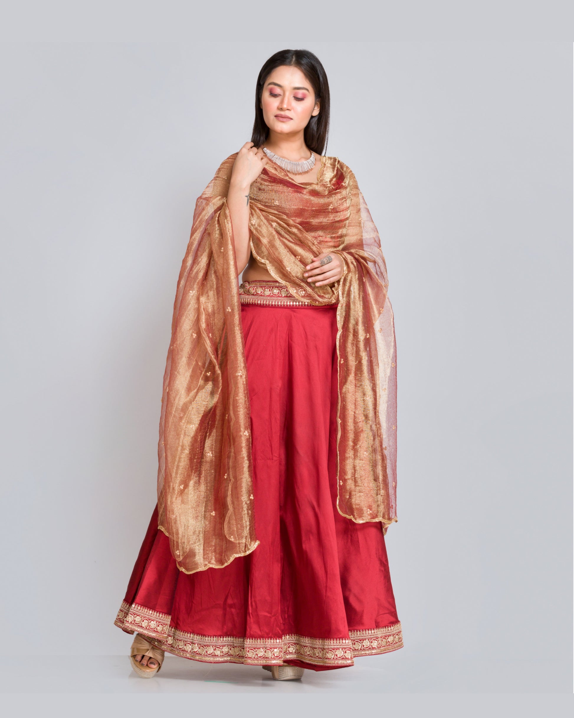 Zari Tissue Dupatta With Scallops - kreationbykj