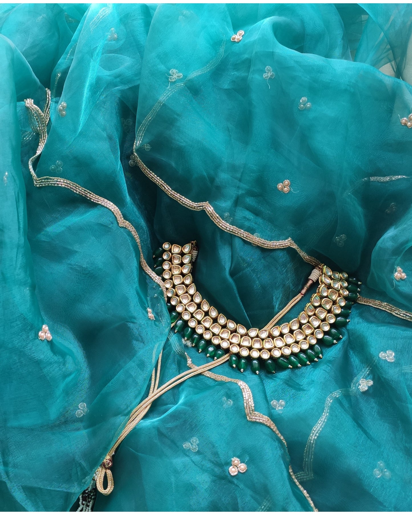 Teal Blue Glass Tissue Dupatta With Scallops - kreationbykj