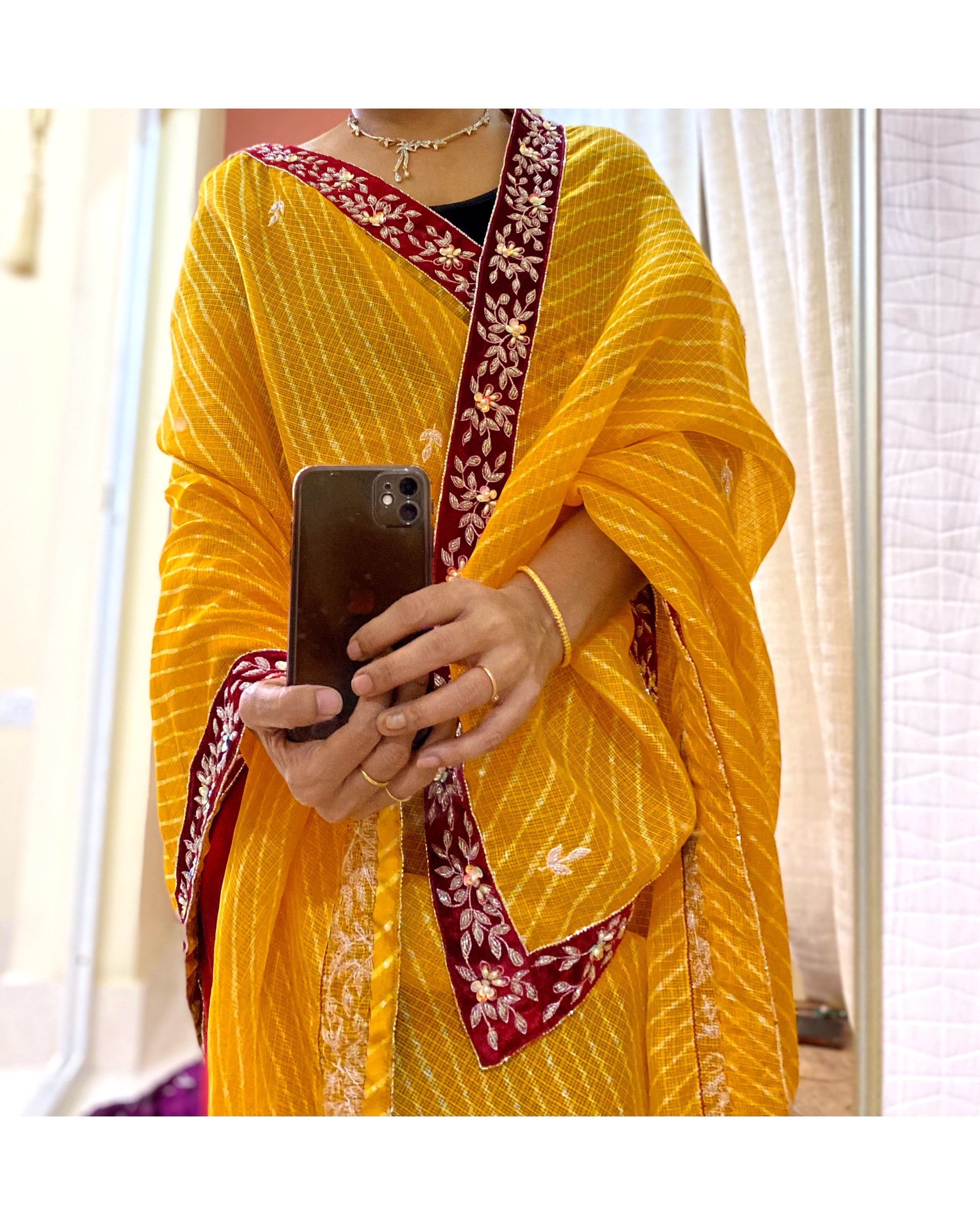 Yellow Kota Dupatta With Handembroidered Velvet Bordet - kreationbykj