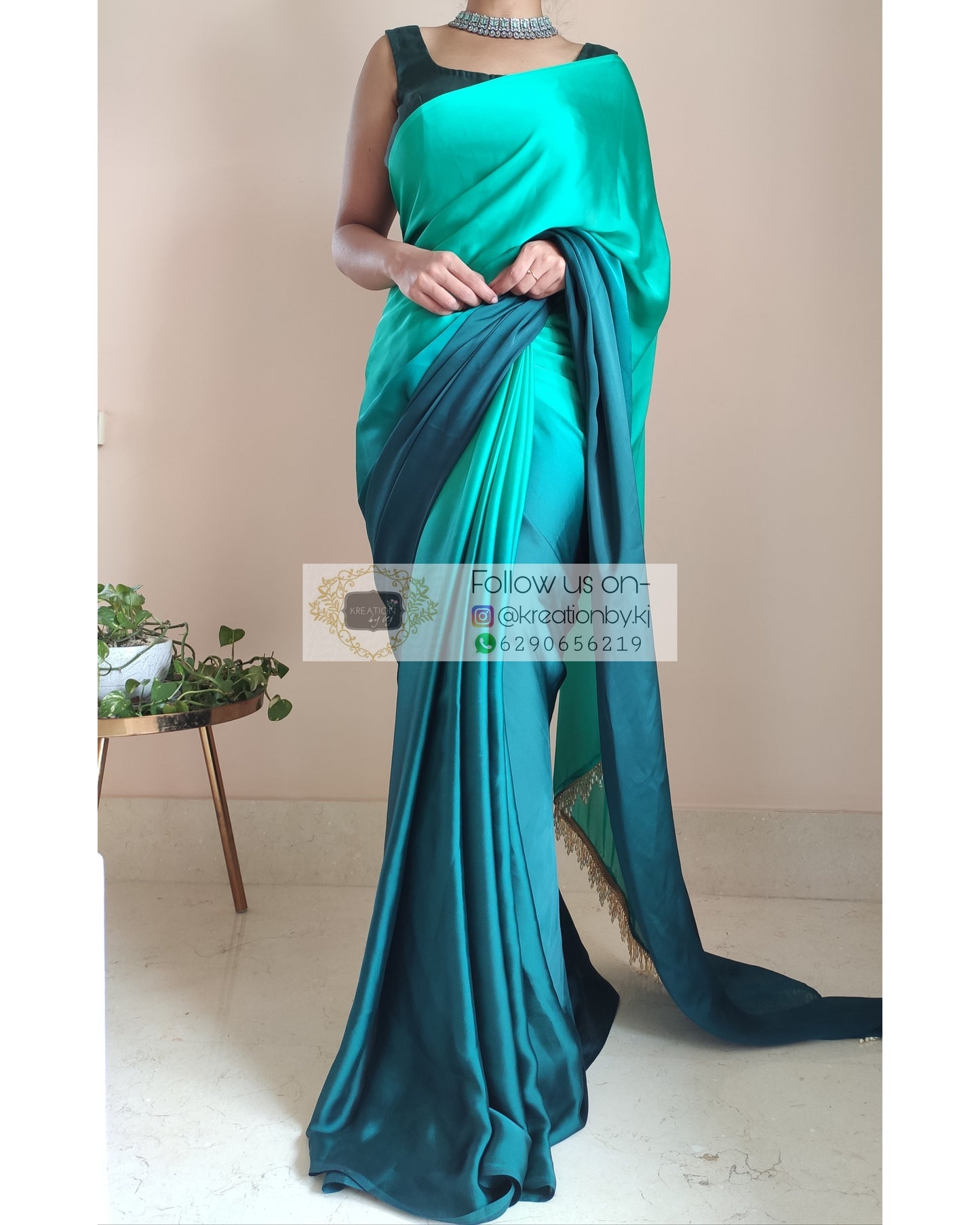 Sea Green Ombré Crepe Silk Saree With Handmade Tassels On Pallu - kreationbykj