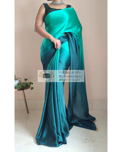 Sea Green Ombré Crepe Silk Saree With Handmade Tassels On Pallu - kreationbykj