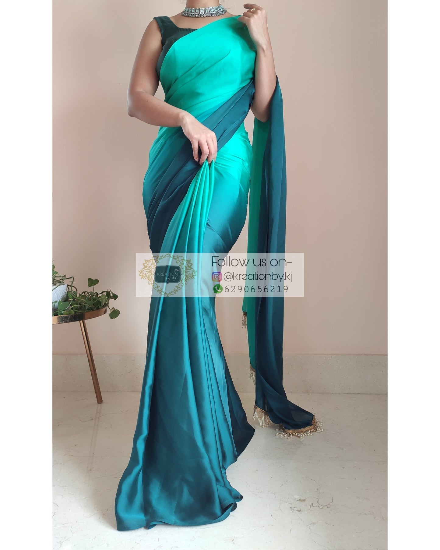 Sea Green Ombré Crepe Silk Saree With Handmade Tassels On Pallu - kreationbykj