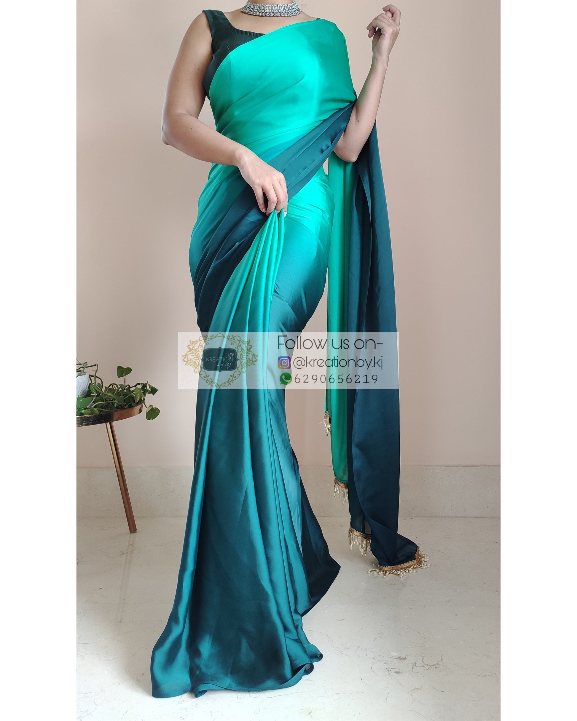 Sea Green Ombré Crepe Silk Saree With Handmade Tassels On Pallu - kreationbykj