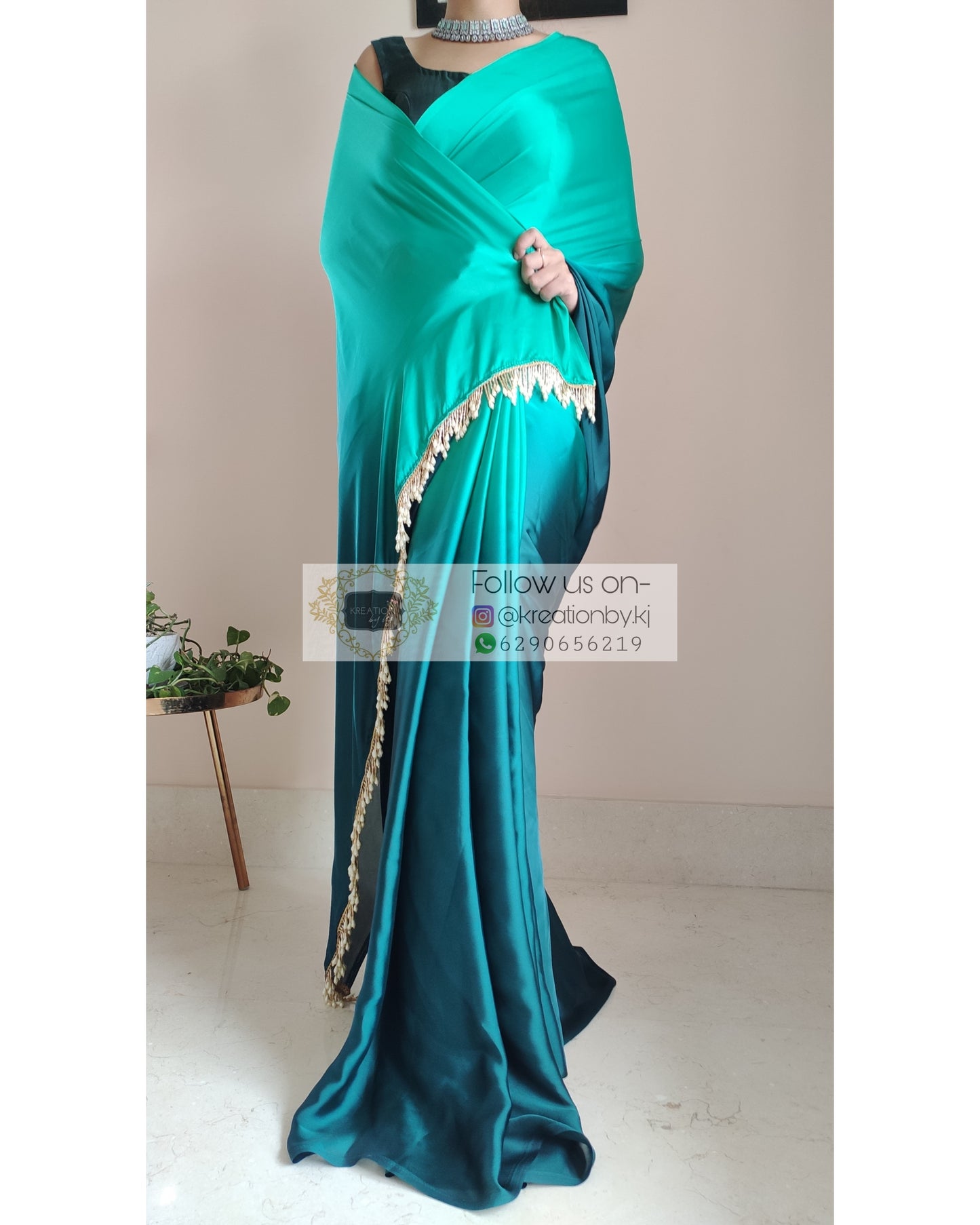 Sea Green Ombré Crepe Silk Saree With Handmade Tassels On Pallu - kreationbykj