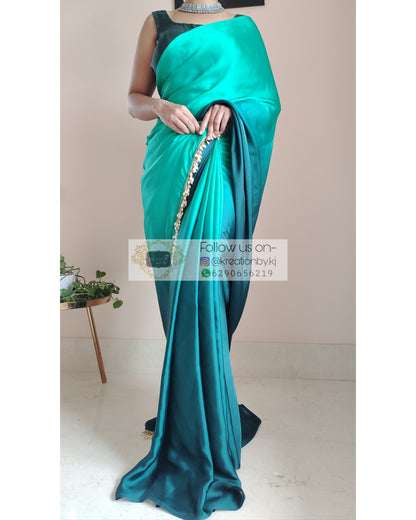 Sea Green Ombré Crepe Silk Saree With Handmade Tassels On Pallu - kreationbykj