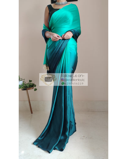 Sea Green Ombré Crepe Silk Saree With Handmade Tassels On Pallu - kreationbykj