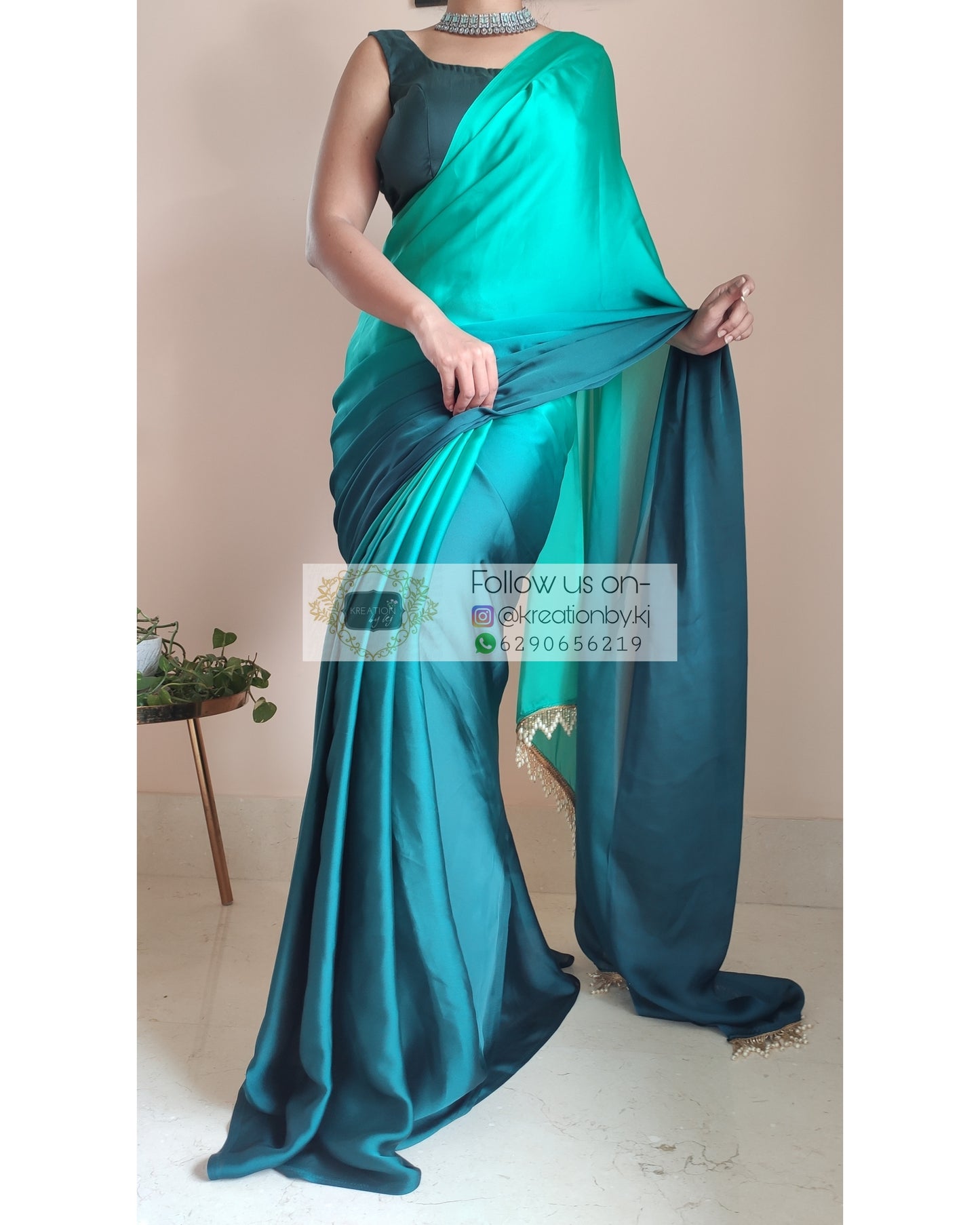 Sea Green Ombré Crepe Silk Saree With Handmade Tassels On Pallu - kreationbykj