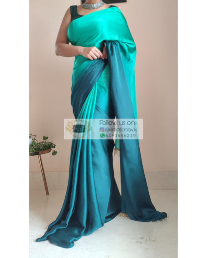 Sea Green Ombré Crepe Silk Saree With Handmade Tassels On Pallu - kreationbykj