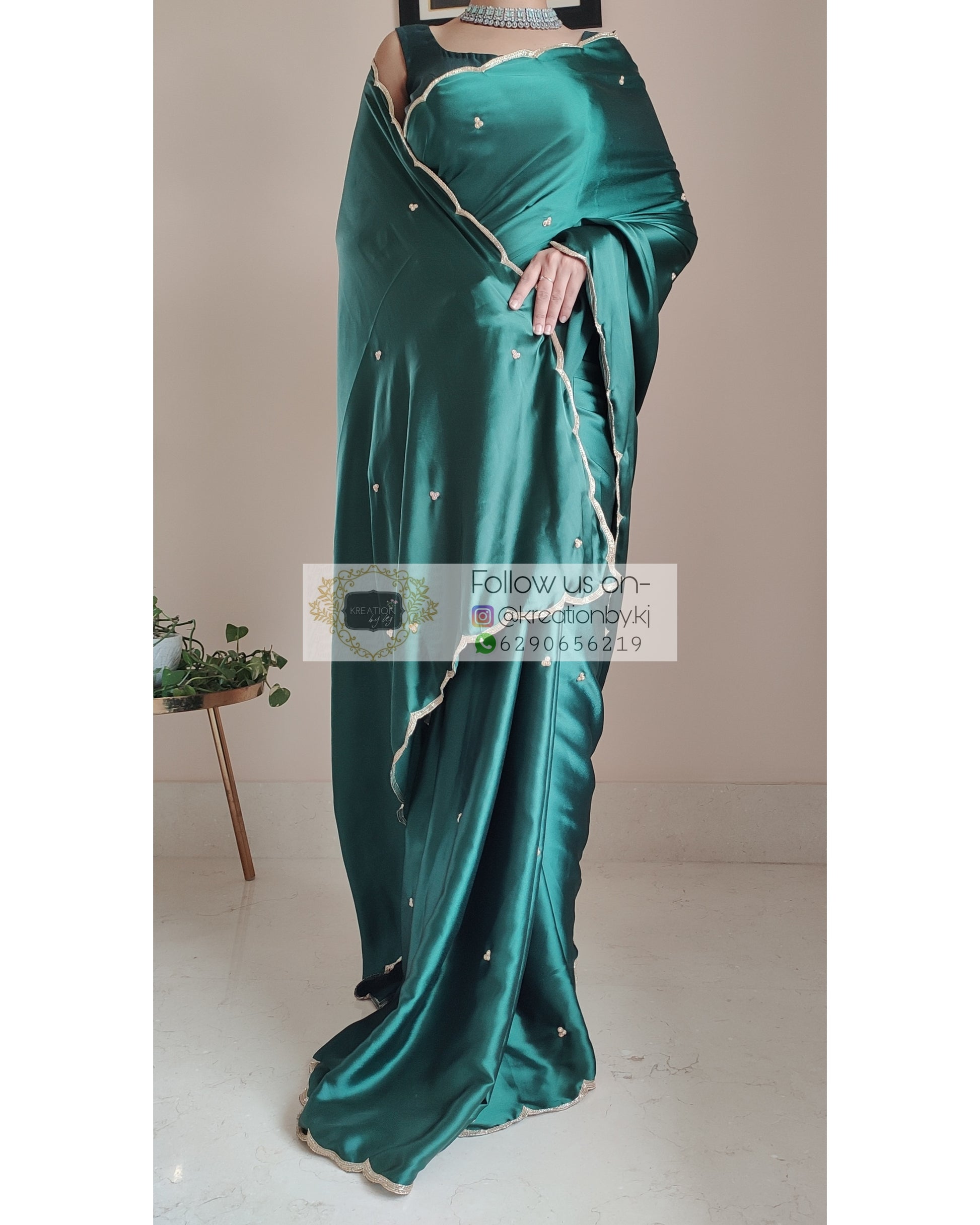 Emerald Green Satin Silk Saree With Handembroidered Scalloping - kreationbykj
