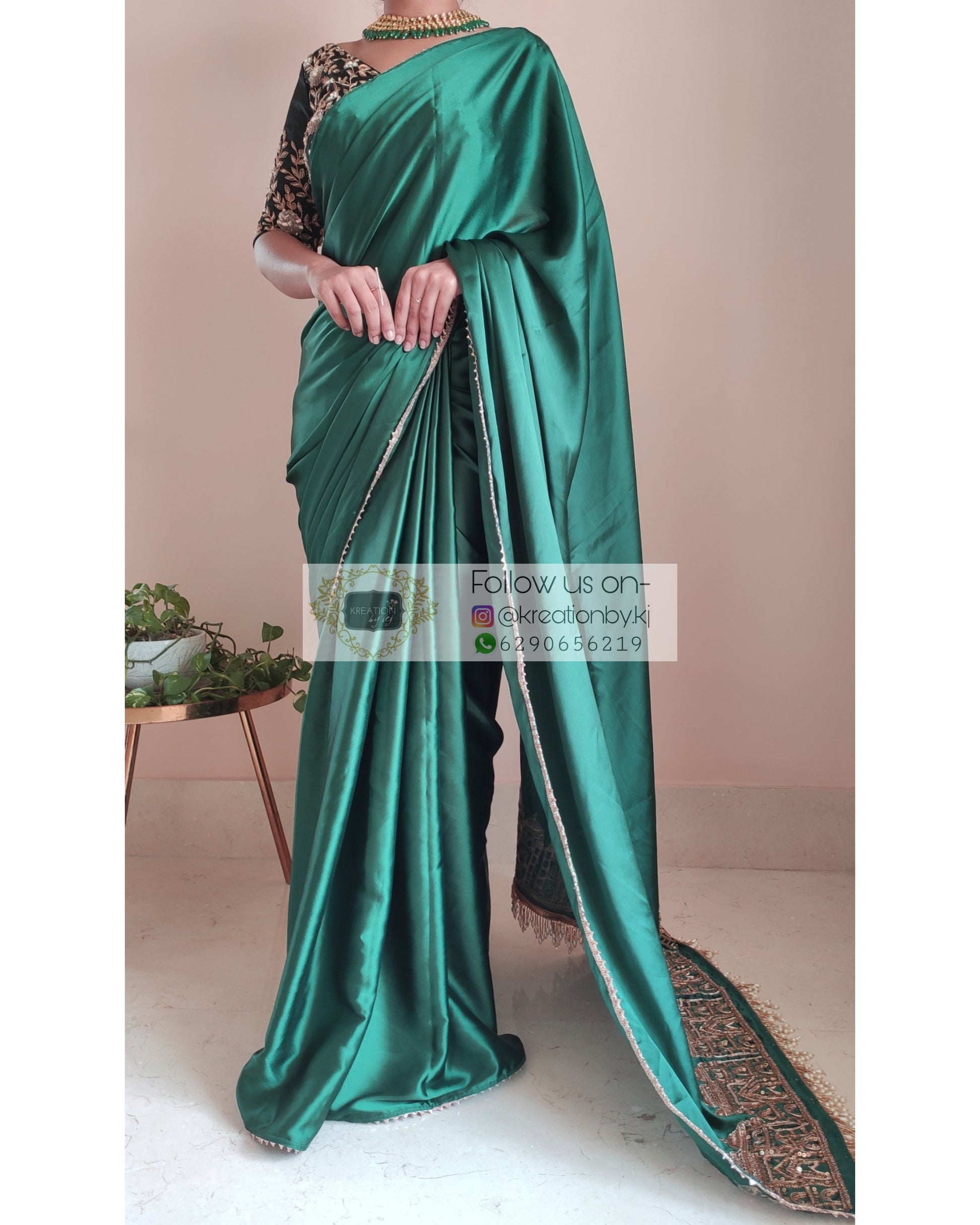 Emerald Green Satin Silk Taj Mahal Saree - kreationbykj