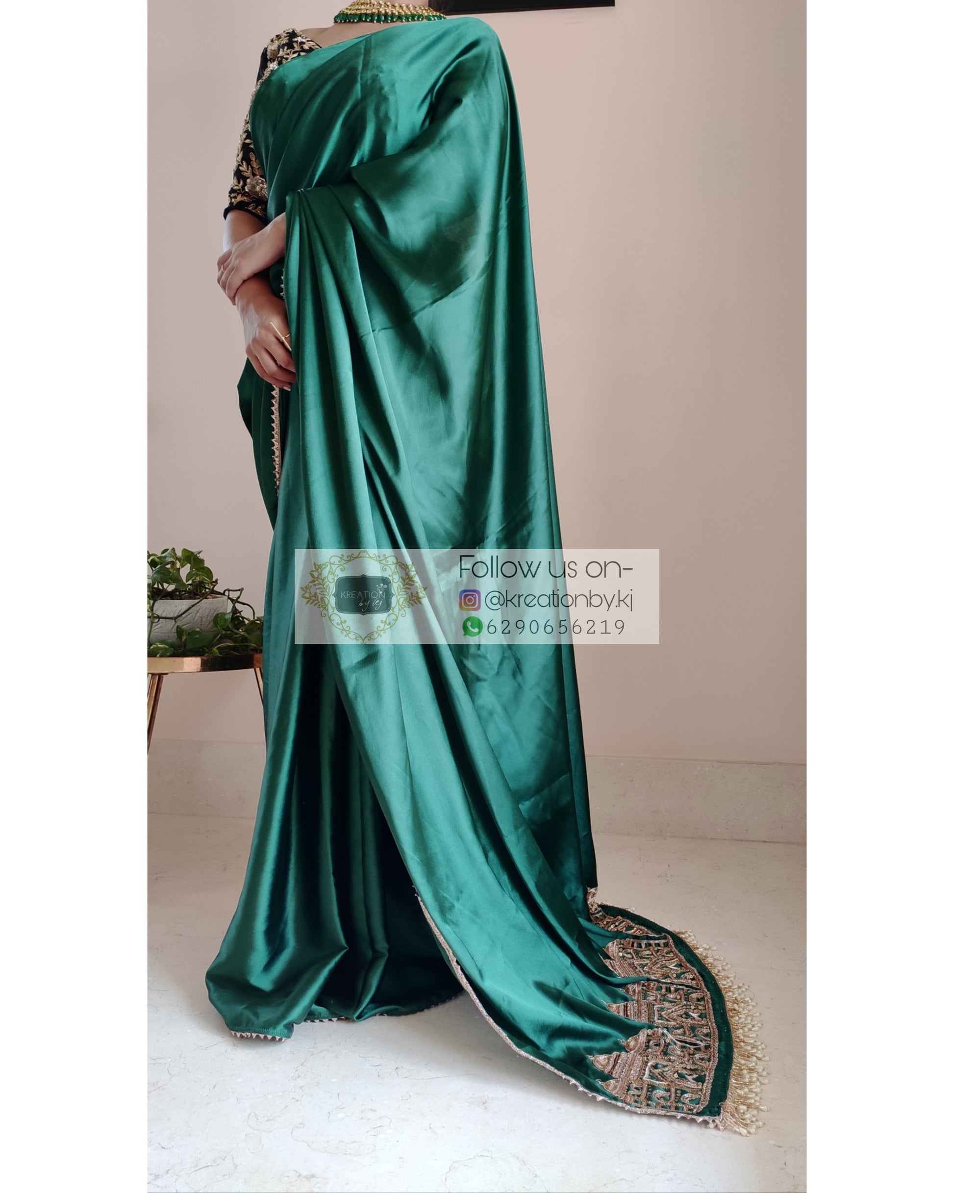 Emerald Green Satin Silk Taj Mahal Saree - kreationbykj