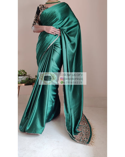 Emerald Green Satin Silk Taj Mahal Saree - kreationbykj