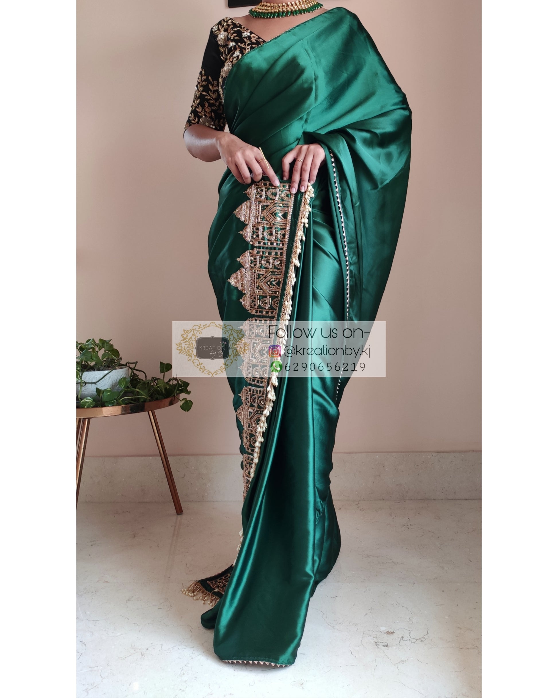 Emerald Green Satin Silk Taj Mahal Saree - kreationbykj