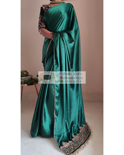 Emerald Green Satin Silk Taj Mahal Saree - kreationbykj