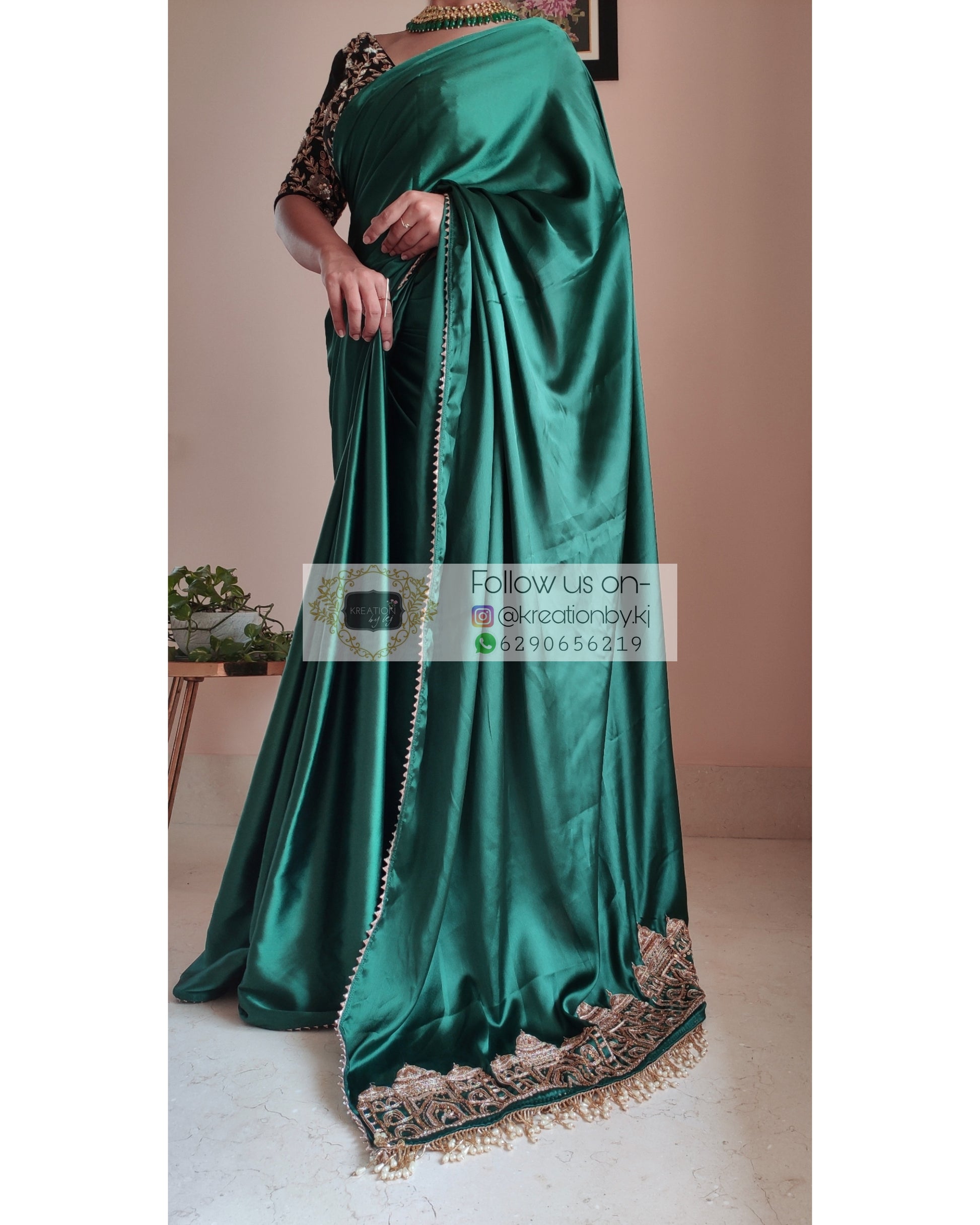 Emerald Green Satin Silk Taj Mahal Saree - kreationbykj