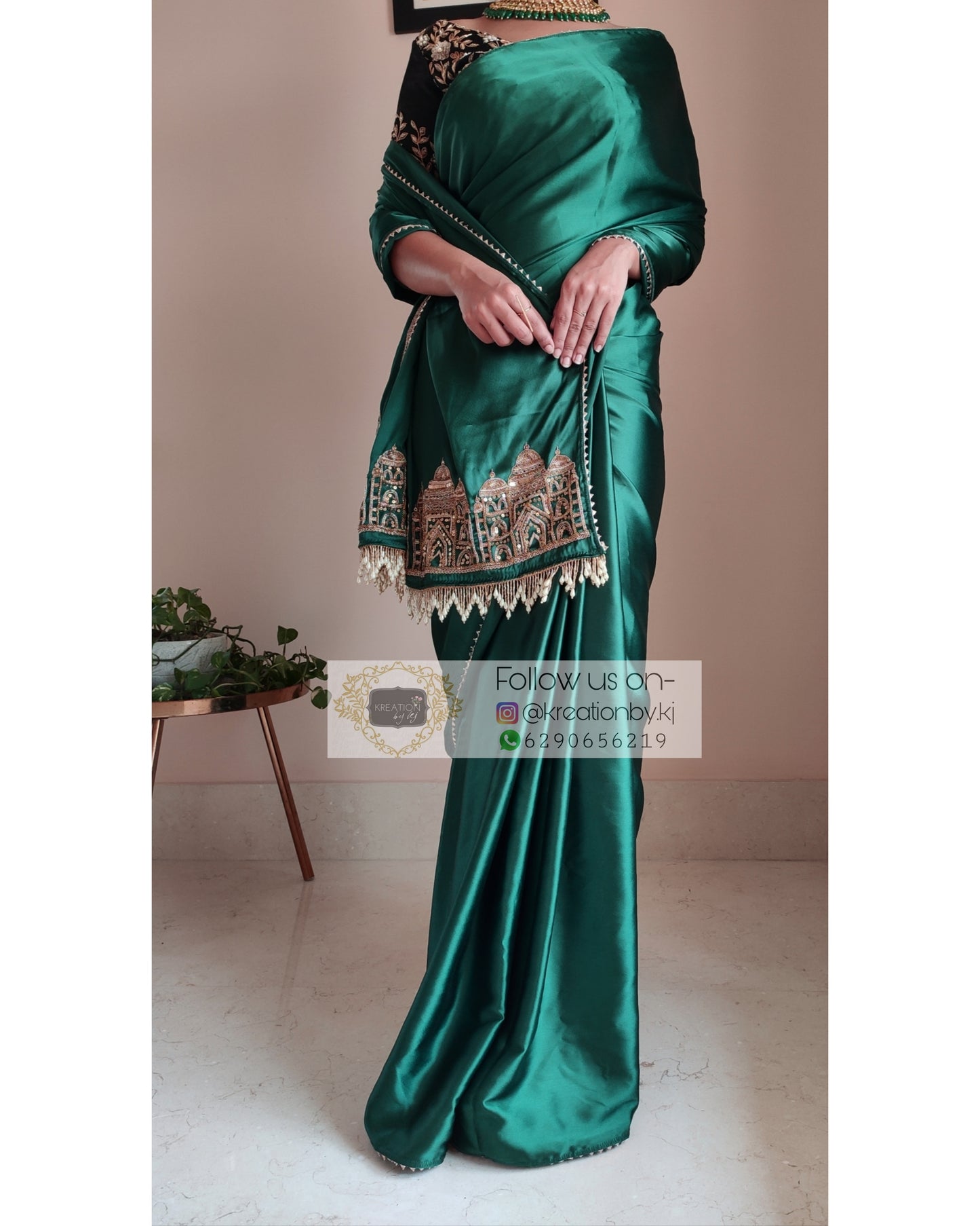 Emerald Green Satin Silk Taj Mahal Saree - kreationbykj