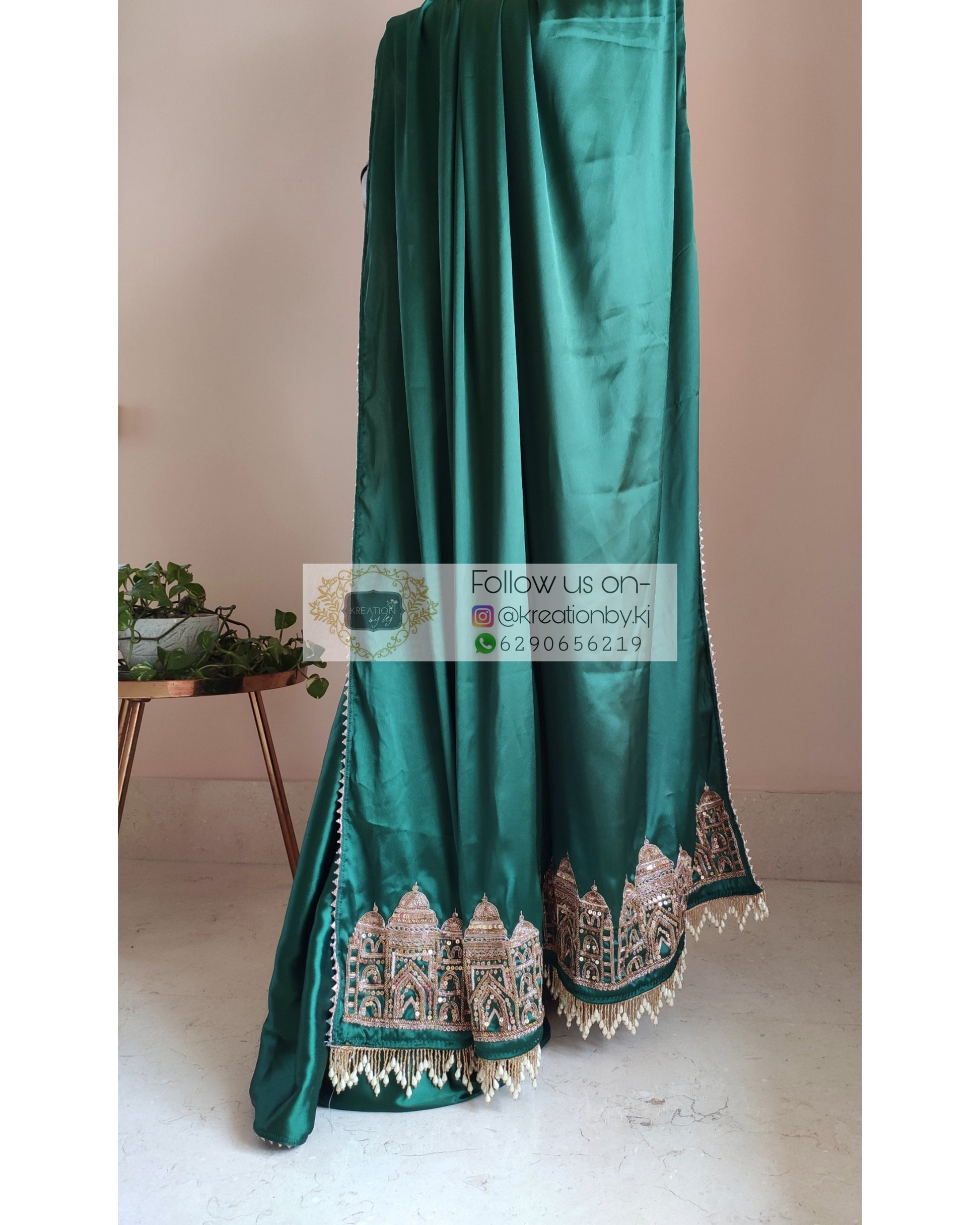 Emerald Green Satin Silk Taj Mahal Saree - kreationbykj